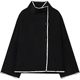 Bnigung Womens Stand Collar Wool Coat Oversized Contrast Stitching Button Down Cropped Wool Blend Jacket with Pockets