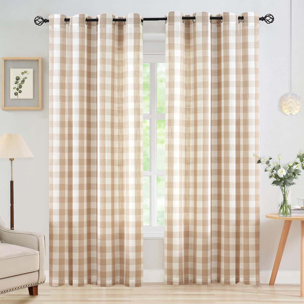 Tan and White Buffalo Check 60x72 Inch Long Sheer Curtains for Bedroom Farmhouse Gingham Plaid Linen Textured Curtains Classic Wide Semi Sheer Grommet Window Drapes for Living Room 2 Panels
