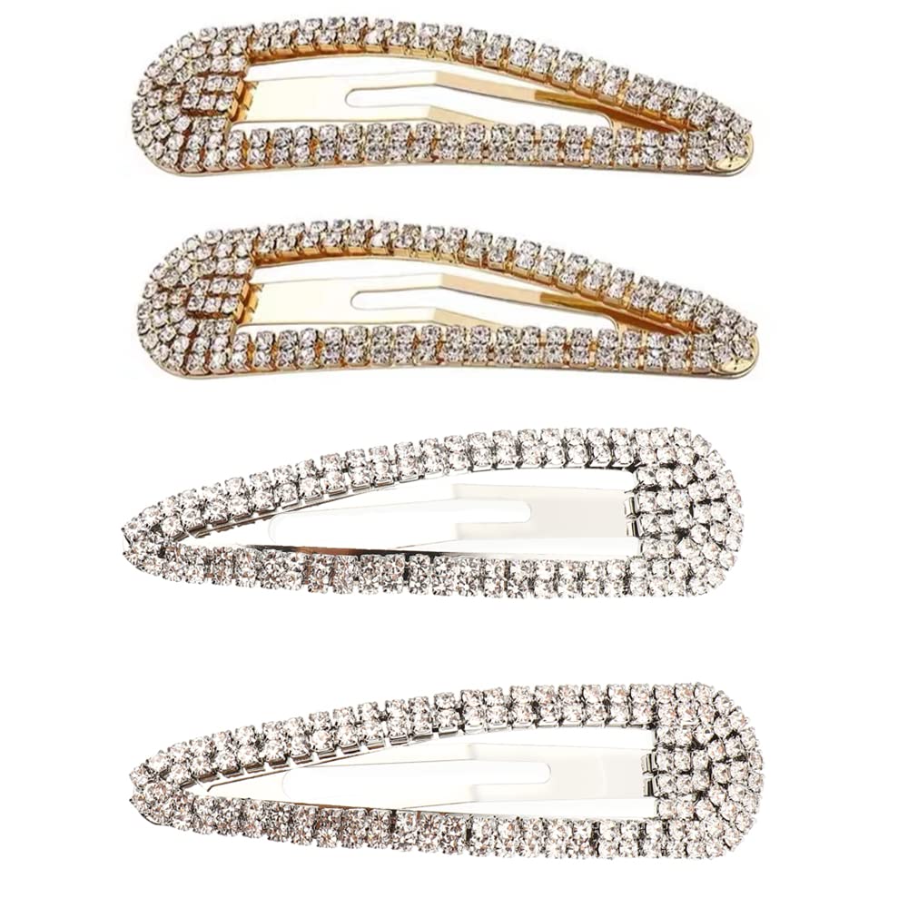 HuYiGGZ 4 Pcs Rhinestone Hair Clips Shining Snap Hair Barrettes Bridal Hair Barrettes Pins for Bridesmaid Girls Women Childrens Kids (Gold/Silver)