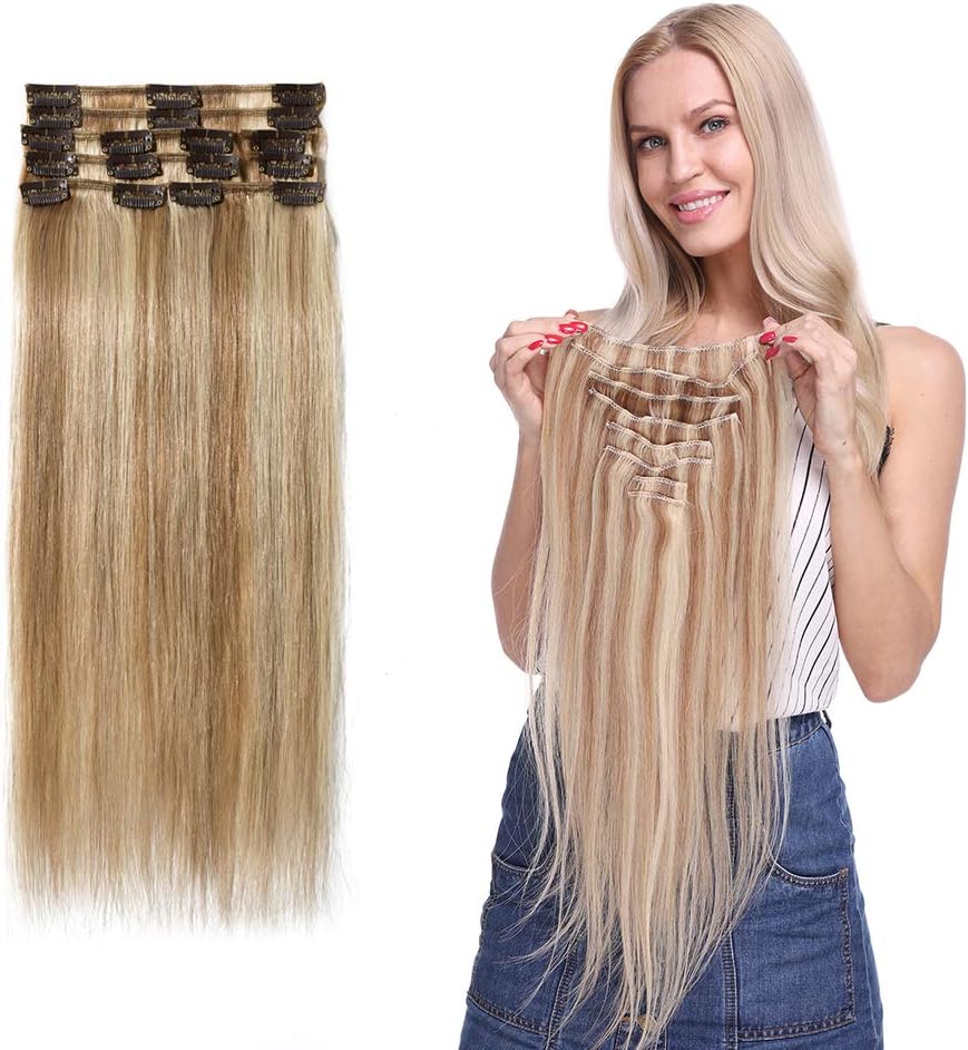 8PCS Clip in Human Hair Extensions 14inch #12/613 Golden Brown&Bleach Blonde -Basic Thickness 60g- Straight Remy Hair Extensions