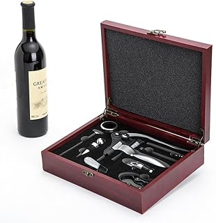 Cooko Korkenzieher, Manueller Wein Öffner Kit mit Belüfter und Ausgießer,Zink-Legierung Griff Korkenzieher,Deluxe Weinöffner Zubehör mit 9 Teilen, Elegantes Design-Set mit Dunklem Kirschholz Kasten