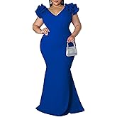 Women's Plus Size Maxi Dress Elegant V-Neck Ruffle Sleeves Bodycon Mermaid Dresses Evening Gown