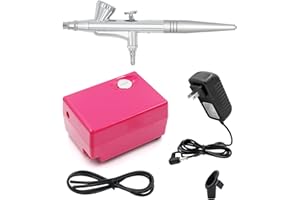 Airbrush Makeup Set Pinkiou Air Brush Kit for Face Paint with Mini Compressor 0.4mm Needle and Nozzle Nail Body Paint SP16 (RED)