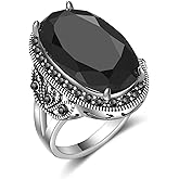 Mytys Retro Vintage Cocktail Statement Ring Black Marcasite & Crystal Rings for Women Antique Silver Big Black Onyx Stone Ring