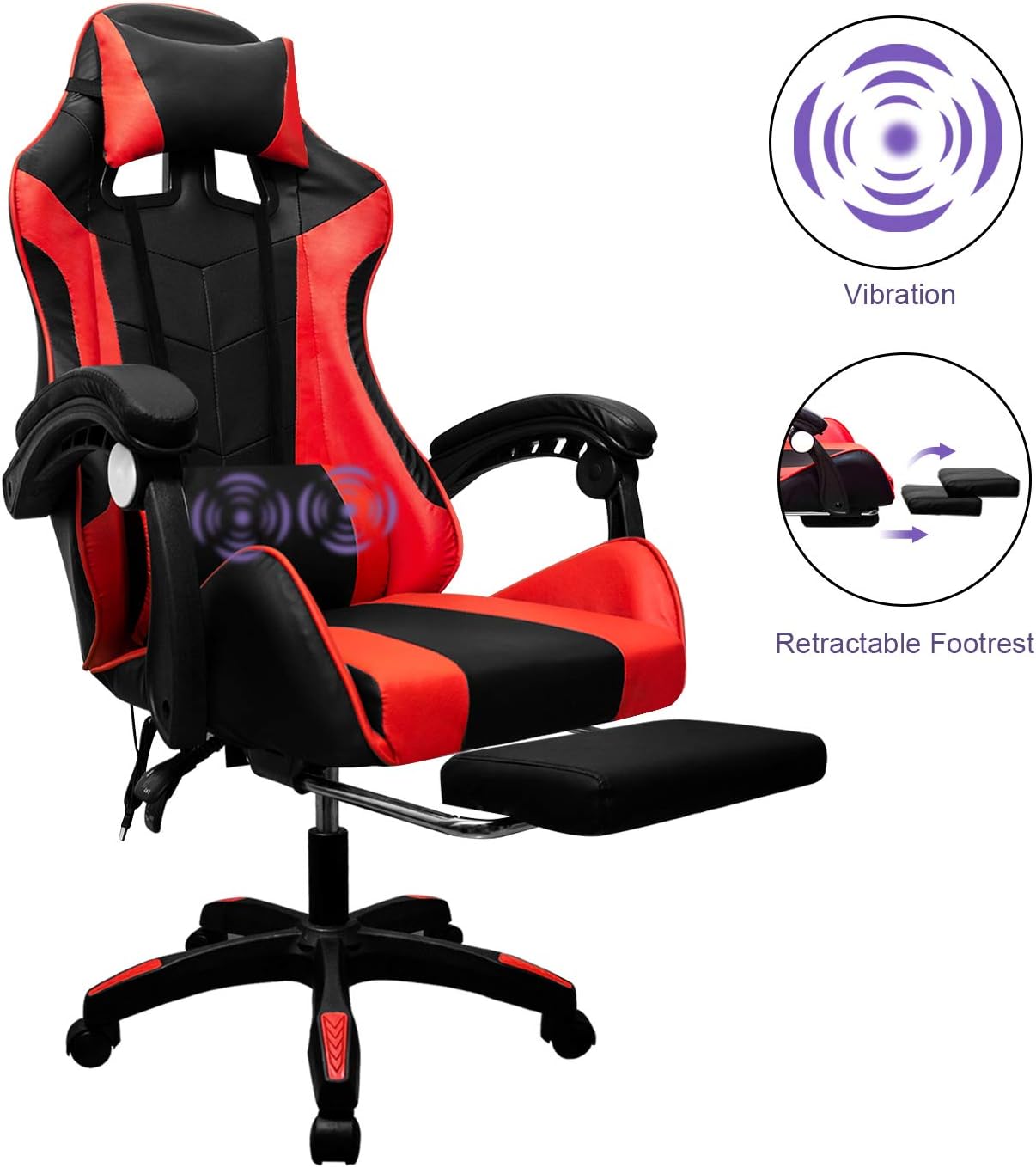 Chiitek Ergonomic Gaming Chair Adjustable Height And Recline Angle Vibration Lumbar Extendable Footrest 360 Swivel Racing Office Chair For Teens Adults Gamer Black Red