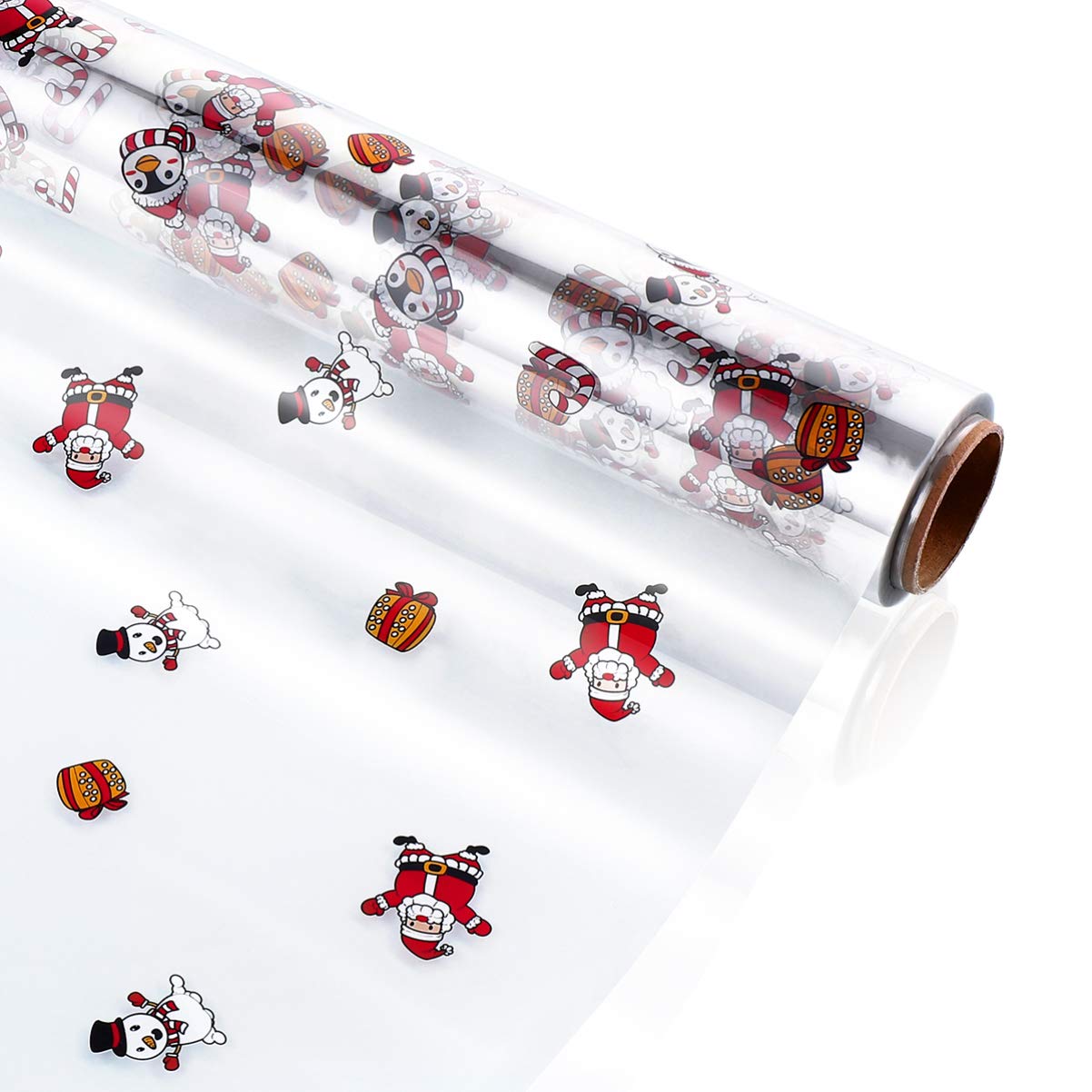 TOYANDONA Clear Cellophane Wrap Roll,98.4 Ft.Long X15.8"in.Wide,2.5 Mil Thickness Santa Claus Pattern Transparent Cellophane Wrapping Paper for Gift Baskets Treats Wrapping (3000x40cm)