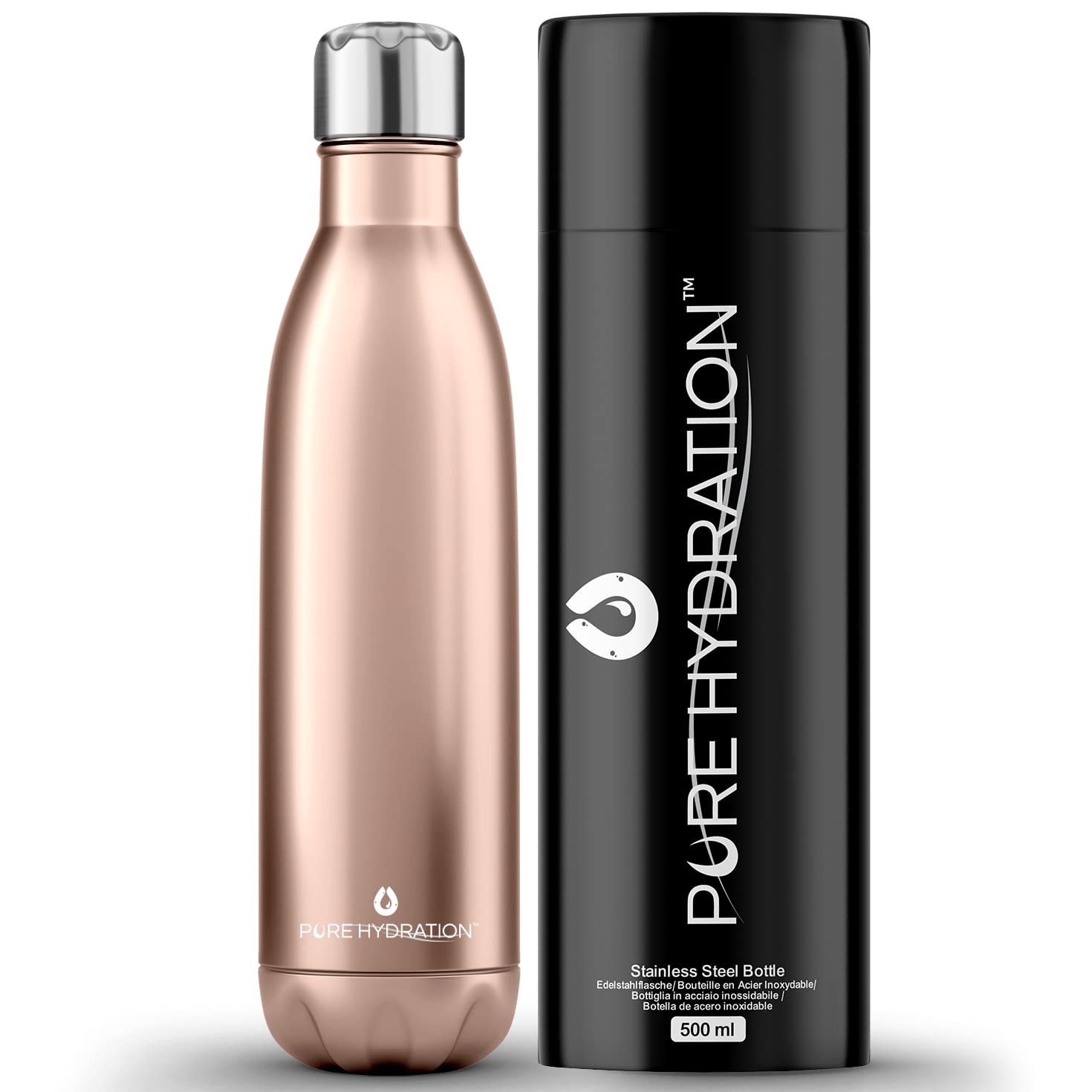 Pure Hydration - Stainless Steel Water Bottle 500ml - Vacuum Insulated Metal Water Bottle - 12 Hours Hot & 24 Hours Cold Drinks – BPA Free -Flask for Gym Cycling Work Hiking