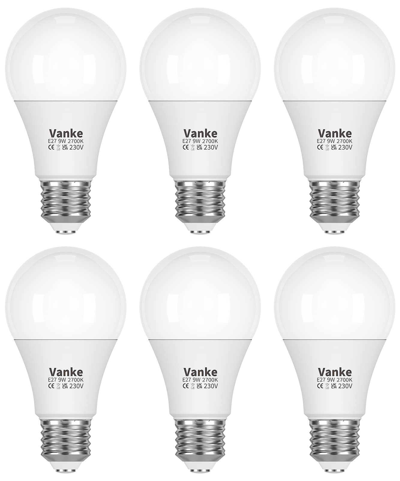 Vanke E27 Screw Bulb, Warm White 2700K Yellow Light, 60 Watts Equivalent, 9W ES LED Bulbs, Large Screw in Light Bulb, 806 Lumen, Non-Dimmable, Pack of 6