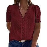 Eytino Womens Plus Size Tops Casual Summer Short Sleeve V Neck Lace Crochet Chiffon Blouses Shirts(1X-5X)