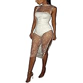 See Through Mesh Rhinestone Hollow Out Split Bikini Swimsuits Sleeveless Fishnet Cover Up Beach Dress for Women and Girls