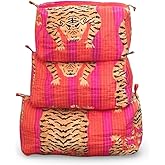 LKGSM RUGS Quilted Cotton Tiger Print Travel Toiletry Bags, Cosmetic Organizer Set, Pink and Orange
