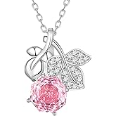 Aurora Tears Birthstone Rose Pendant Necklace - 925 Sterling Silver Rose Cut Cubic Zirconia Flower Leaf Necklace Anniversary Birthday Jewelry Gift for Women Wife Mom Daughter