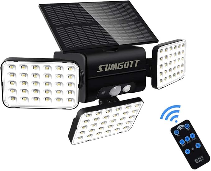 SUMGOTT Solar Lights Outdoor Remote Control, 3 Head Security Lights