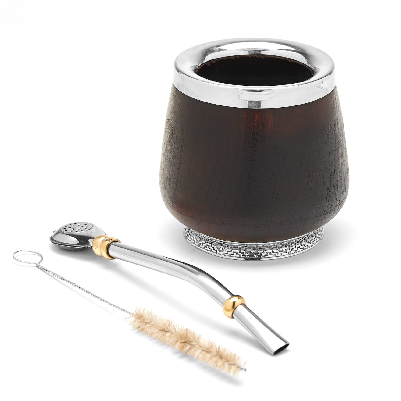 balibetov Premium Collection - Yerba Mate Gourd (Mate Cup) - Selected Calabash Gourd with German Silver Details - Includes Stainless Steel Bombilla and Cleaning Brush. (The Chaco Mate)