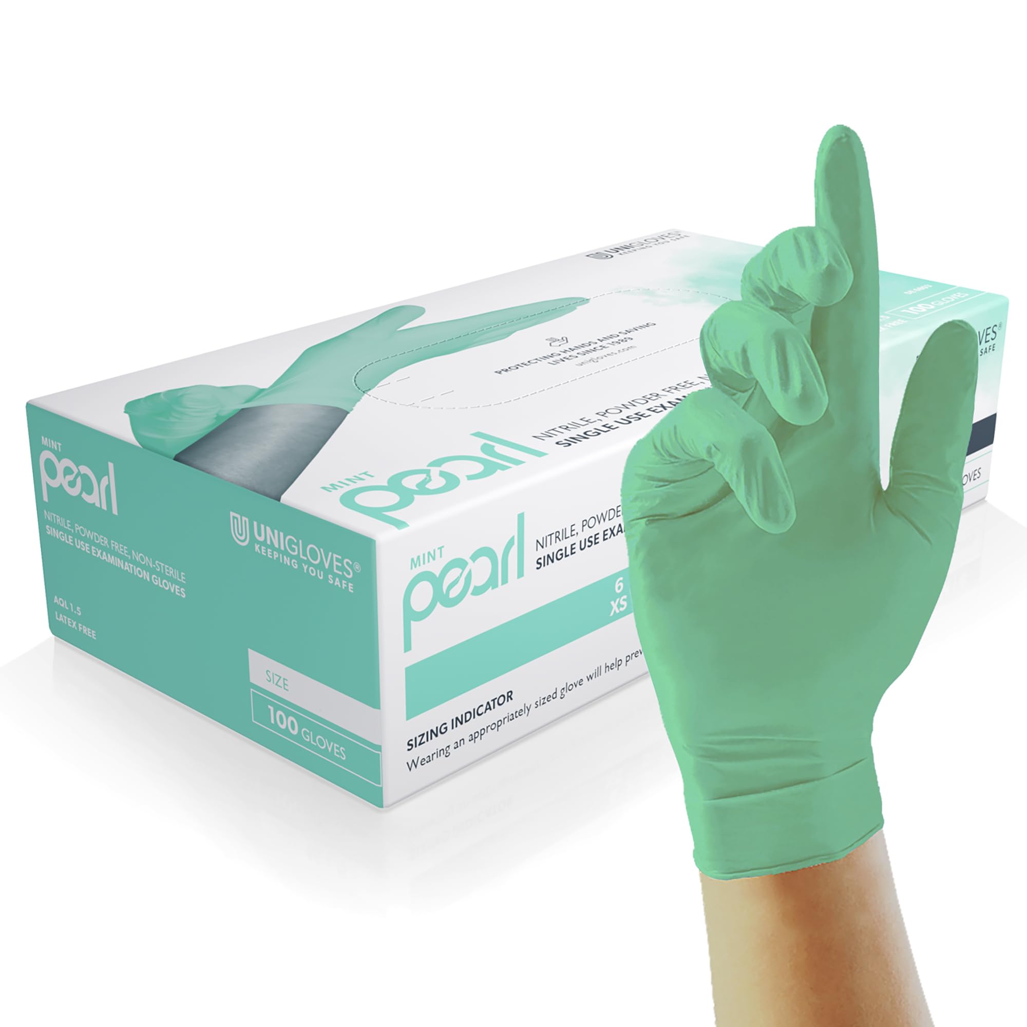 UNIGLOVES Mint Pearl Nitrile Examination Gloves - Multipurpose, Powder Free and Latex Free Disposable Gloves - Box of 100 Gloves, Mint, Extra Small (GP6801)