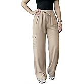 CHICME Women's Casual Drawstring Pants High Waist Flap Pockets Design Elastic Back Waist Wide Leg Trousers