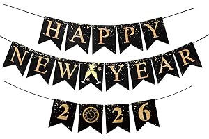 Happy New Year 2026 Banner Decorations 2026,New Years Eve Decorations Happy New Year Sign No DIY Hanging Gold Black Paper Fla