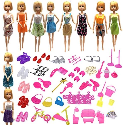 118pcs Doll Accessories for Barbie-10 Pack Doll Dresses Party Gown Outfits and 108pcs Shoes Bags Glasses Bicycle Hair Clips Tableware Hangers for Barbies Xmas Gift,Color Random