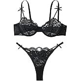 Lilosy Sexy Underwire Cute Push Up Strappy Embroidered Mesh Sheer Lingerie Set See Through Panty Bra
