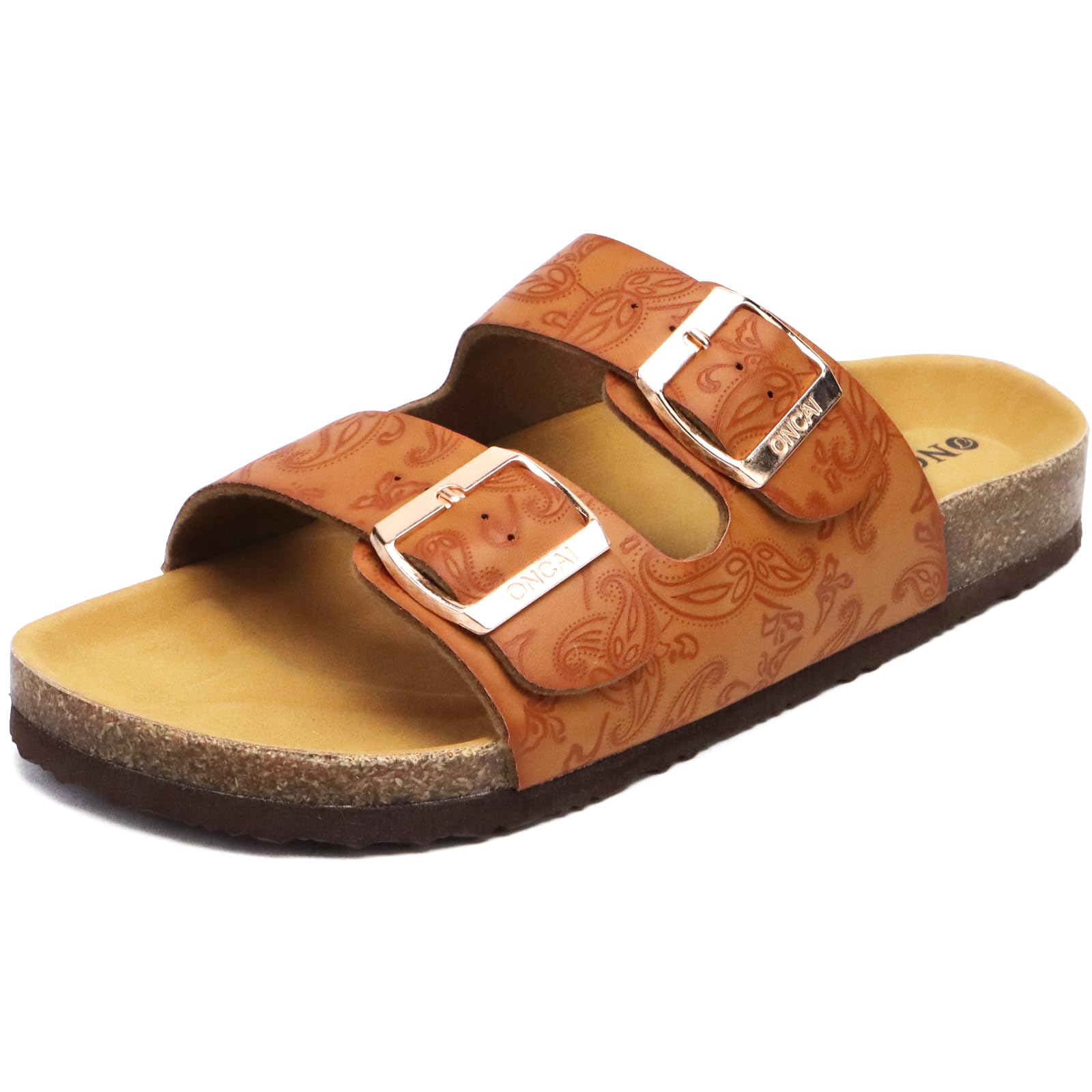 Photo 1 of (bnroken strap) ONCAI Flat Slide Sandal for Womens Arch Support Summer Beach Leather Dressy Sandals for Women 2025 Summer Comfortable with Plantar Fasciitis Walking Ladies Sandal Outdoor Rubber Soles Tan Size 7