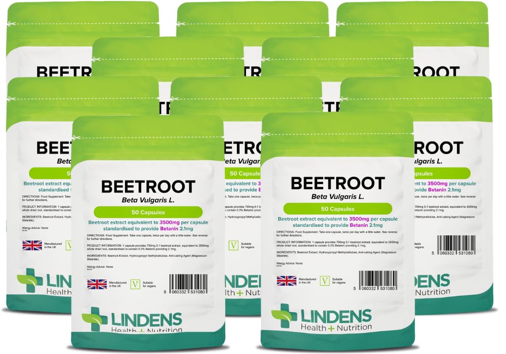 Lindens Beetroot Extract - 500 Capsules - 7,000mg Daily Intake - UK Made - A Source of Dietary Nitrates - Beta Vulgaris L - Easy to Swallow Rapid Release Capsules - Vegan Friendly - Letterbox Friendly