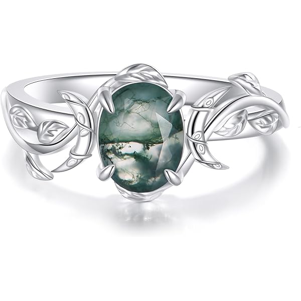 Delicate 925 Sterling Silver Moss Agate Ring Set - Sri Lanka