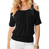 LEIYEE Womens Cold Shoulder Tops Summer Sexy Casual Short Sleeve Ruched Scoop Neck Banded Bottom Shirts Blouse