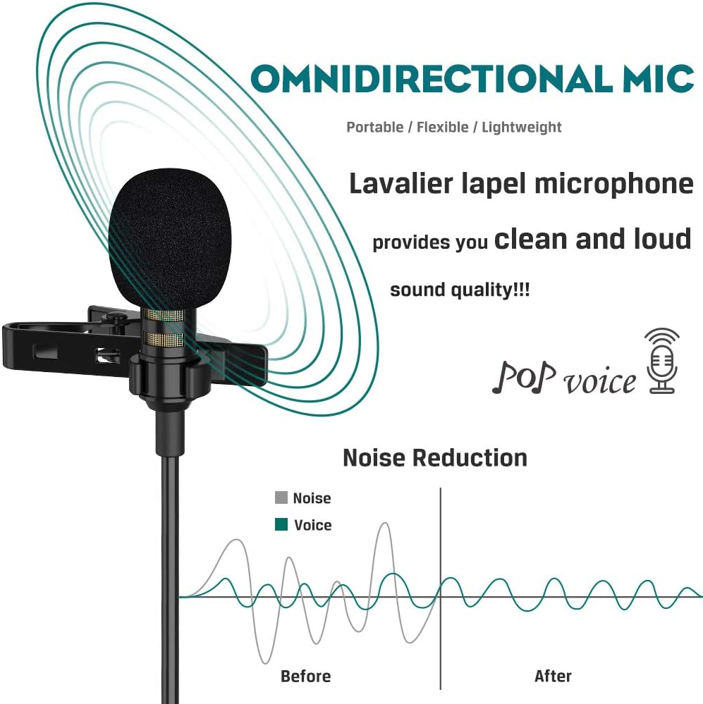 PoP voice Upgraded Lavalier Lapel Microphone, Omnidirectional Condenser Mic for Apple iPhone iPad Mac Android Smartphones, Youtube, Interview, Studio, Video, Recording,Noise Cancelling Mic: Musical Instruments