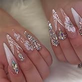RUOKEXIN Long Press on Nails Stiletto Shaped Fake Nails Handmade False Nails with Rhinestones Designs White Ombre Glue on Nails Glitter Artificial Nails Luxury Stick on Nails for Women 24Pcs