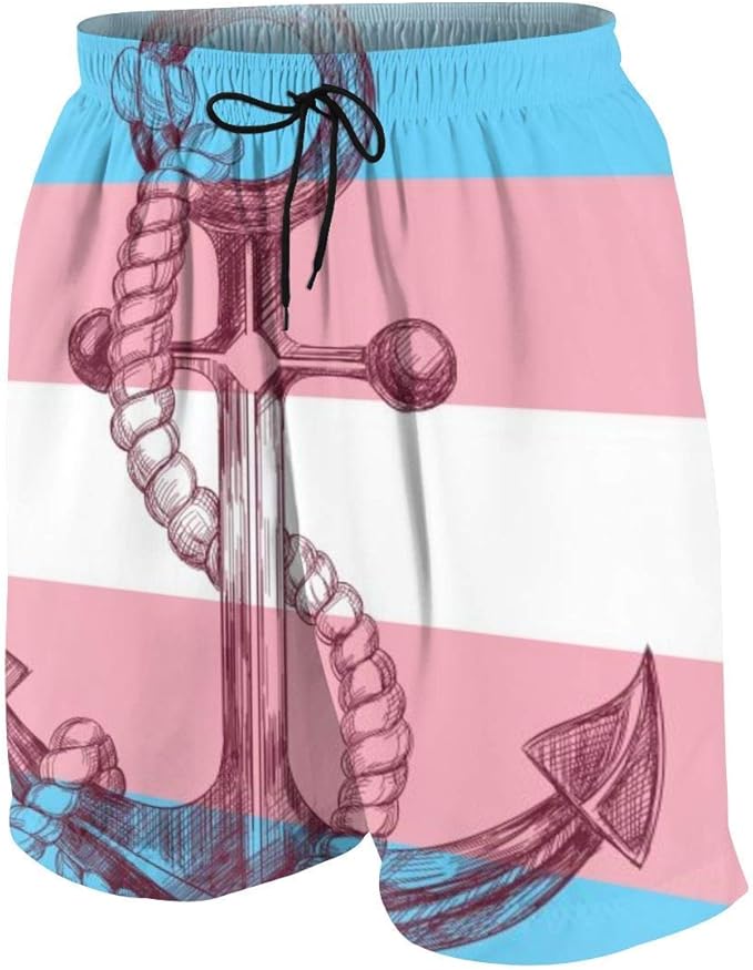 Transgender Transexual Trans Pride Flag Nautical Anchor Mens Swim Trunks Bathing Suit Shorts