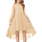 Haloumoning Girls Dresses Kids Contrast Mesh Long Sleeve Twirly High Low Birthday Party Formal Dress 5-14 Years