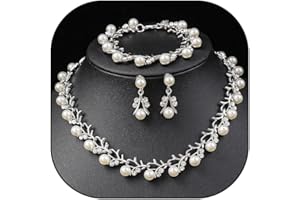 Rrdaily Rhinestone Pearl Wedding Jewelry Set for Bride Bridesmaid Bohemia Adjustable Beaded Crystal Bracelet Necklace Exaggerated Pearl Earring Set for Women