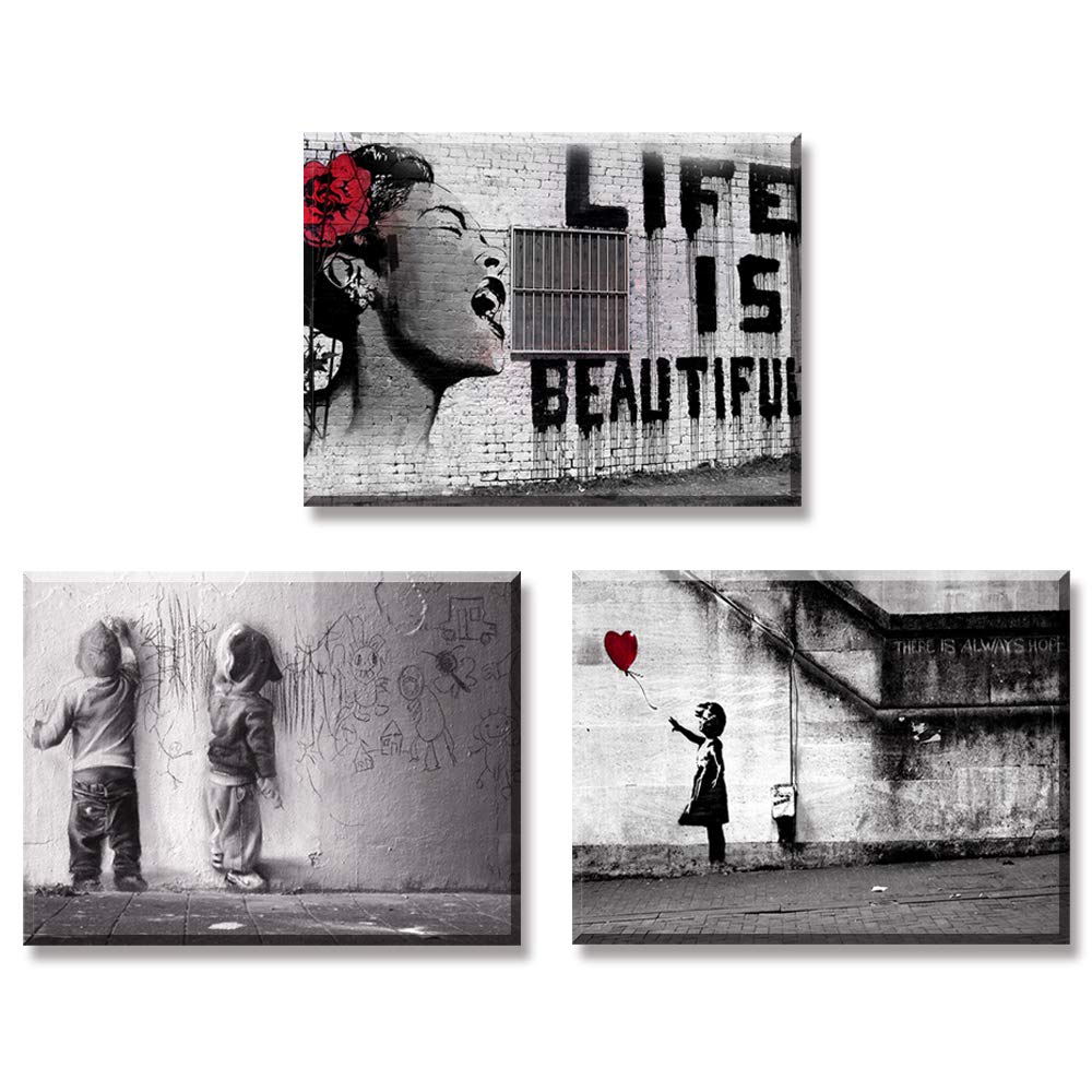 Piy Painting 3X Canvas painting Modern Wall Art Graffiti Art Girl with balloon Picture on Canvas Photo image with Frame Waterproof Wall Décor for Home as Birthday Gift Present 30x40cm