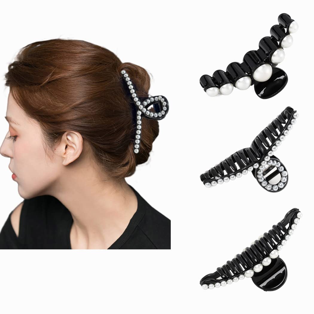 IYOU French Pearl Hair Claws Black Large Plastic Hair Claw Clips Thick Nonslip Hair Jaw Clips for Women(3Pcs)
