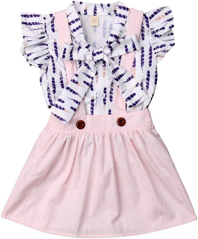 Toddler Kids Baby Girls Feather Ruffled Bowknot Blouse Shirt Top + Suspender Overall Skirts 2PCS Outfit Set