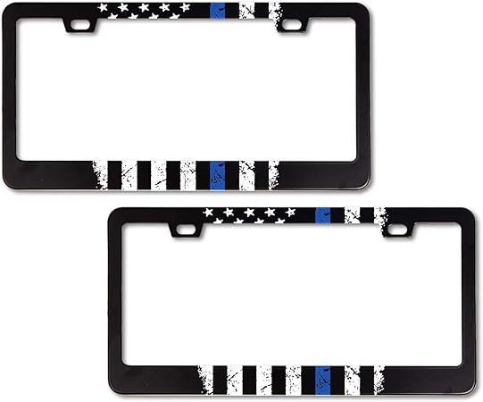 Amazon Exmeni ナンバープレートフレーム 2個 細いブルーライン 警察旗 ナンバープレートカバー アメリカ国旗 カータグホルダー アルミニウムメタル ナンバープレートフレーム 2穴デザイン 外装 エアロパーツ 車 バイク
