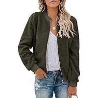 Eurivicy Women Fleece Jacket Winter Bomber Long Sleeve Faux Sherpa Fuzzy Casual Zip Up Coat Pocket