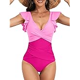 B2prity Women's One Piece Swimsuit Ruffle Slimming Tummy Control Bathing Suit Criss Cross High Waist 1 Piece Swimwear