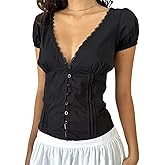 Women Short Sleeve Lace Button Up Shirt Y2K Slim Fit V Neck Fairy Grunge Tops Coquette Shirt