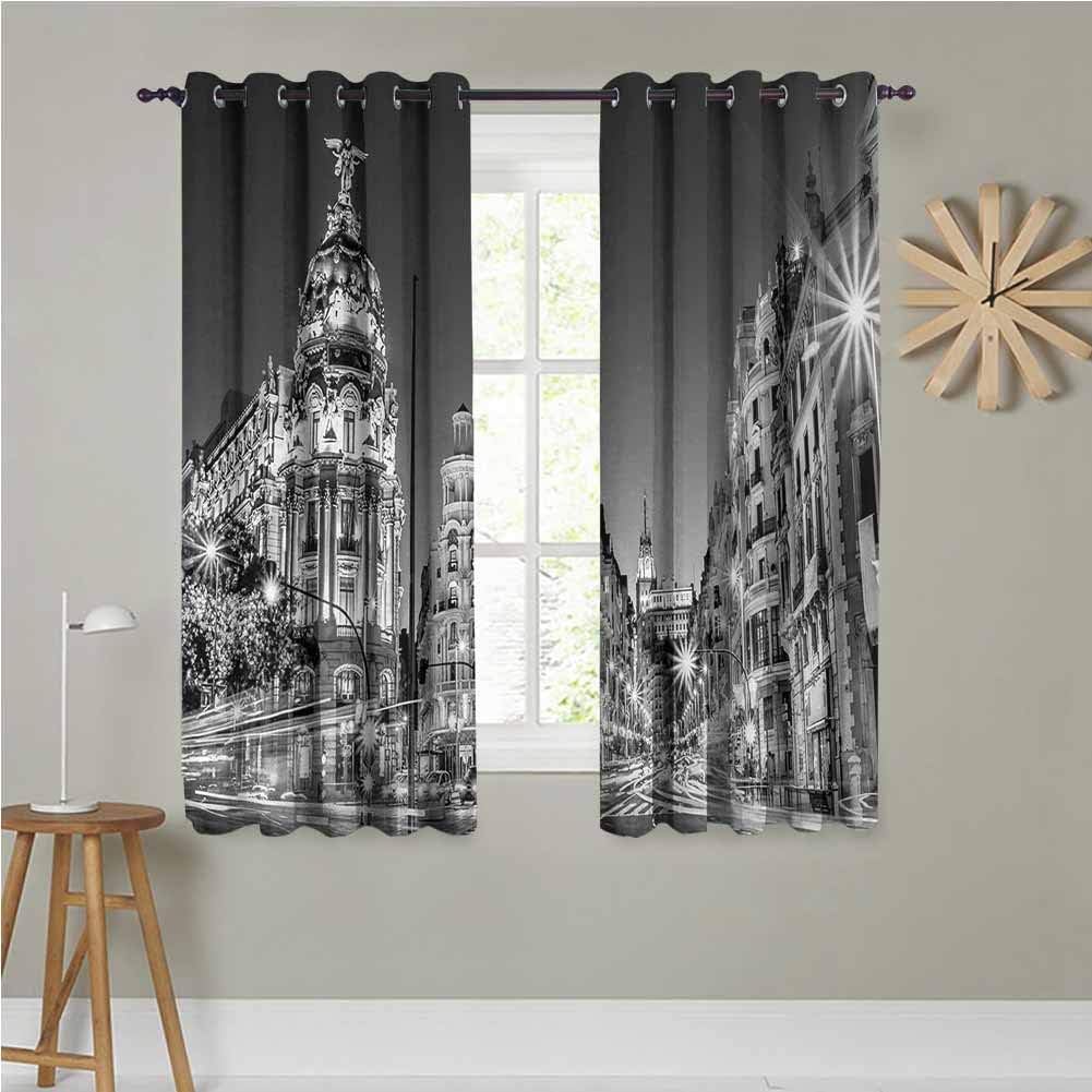 Black and White Curtains for Living Room 42" x 63",Set of 2 Panels Madrid City at Nighttime in Spain Main Street Ancient Architecture Blackout Draperies for Bedroom Black White Grey