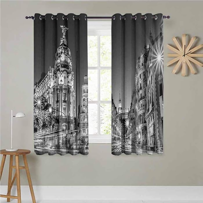 Black and White Curtains for Living Room 42" x 63",Set of 2 Panels Madrid City at Nighttime in Spain Main Street Ancient Architecture Blackout Draperies for Bedroom Black White Grey
