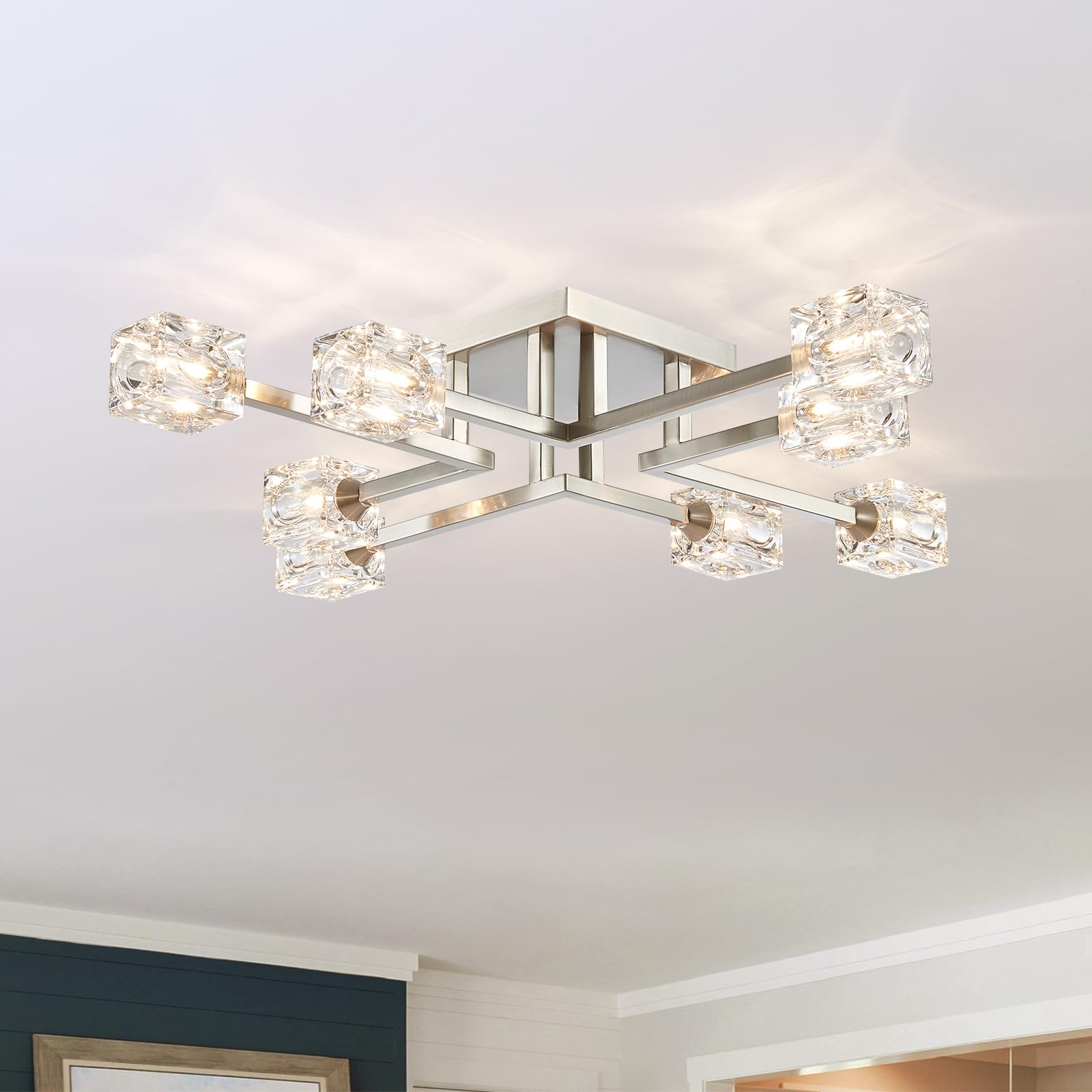 Photo 1 of peskoe Modern Semi Flush Mount Ceiling Light Sputnik Chandeliers, 31.5" Industrial Ceiling Light Fixture for Dining Room, Living Room, Kitchen, Bedroom, Entryway, Brushed Nickel, 8-Light