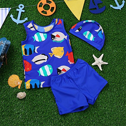 Monvecle Little Boys' 3-Pieces Rash Guard Swimsuits UPF 50+ Sun Protection Swim Set Fish 2T-3T