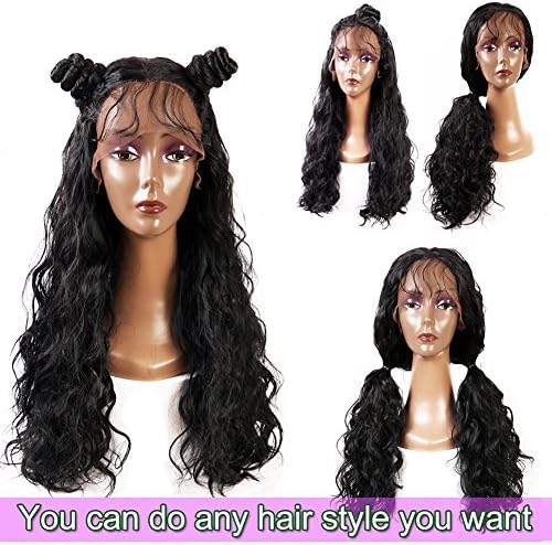 Andria Hair Lace Front Synthetic Wigs Long Water Wave Heat Resistant Hair Pre Plucked Wig with Baby Hair Bleached Knots for Women (Black Hair 26")