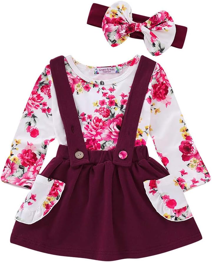 3Pcs Toddler Infant Baby Girls Ruched Tops Floral Print Overall Dresses Headbands Outfits Clothes Set