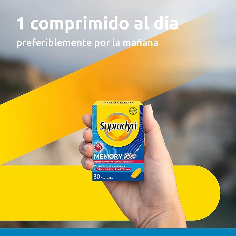 Multivitamínicos Memory 50+ para memória e concentração, Vitaminas, Vitamina C, Minerais, Ginseng, Zinco, Sem Glúten, Sem Lactose, Laranja, Amarelo, 30 comprimidos