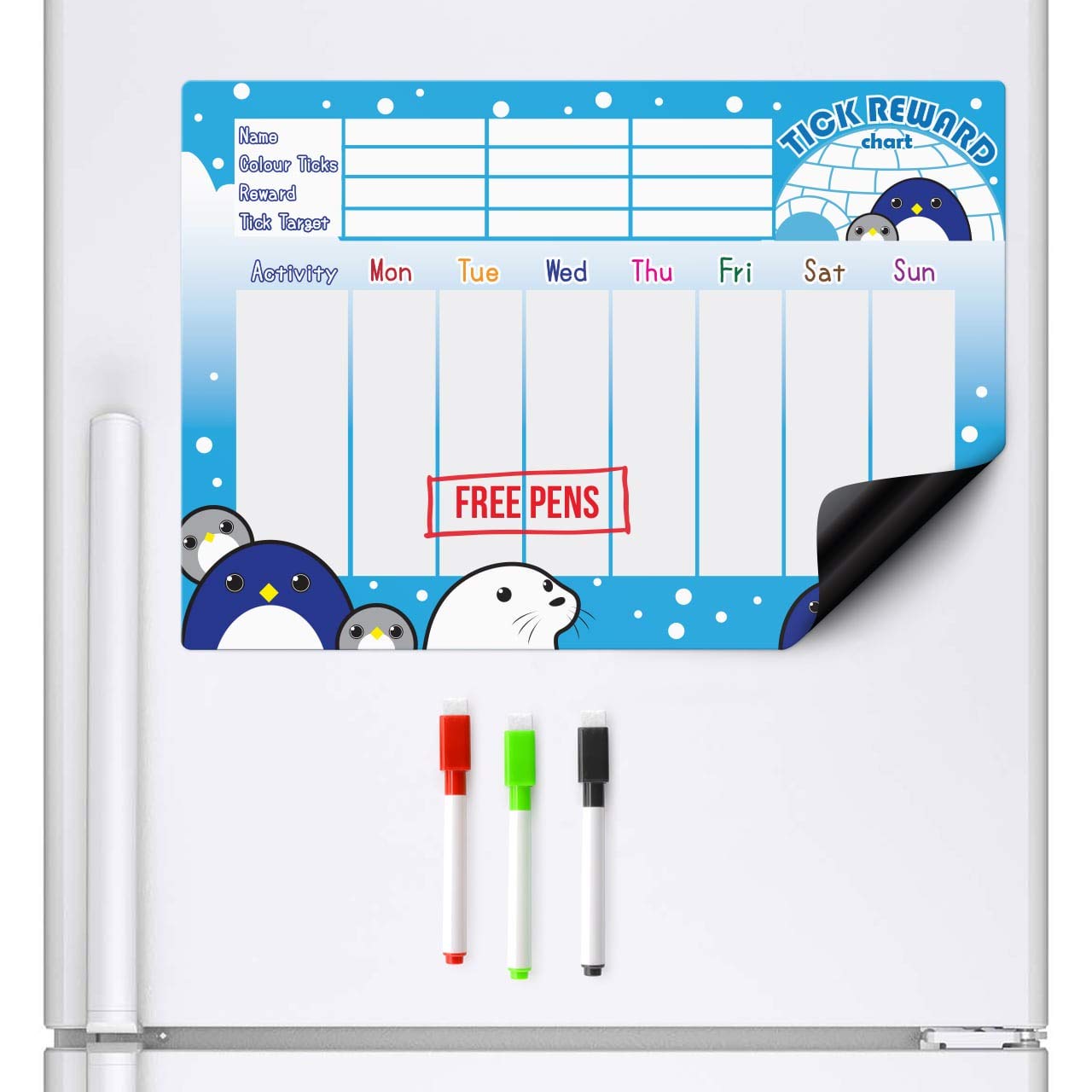 CKB LTD® Magnetic REWARD CHART Penguin and Friends FRIDGE BOARD 7 Day Colourful Tick List For Refrigerators With 3 Markers Pens Activity Chore A3 Behaviour Charts Teaching Children Good Practices