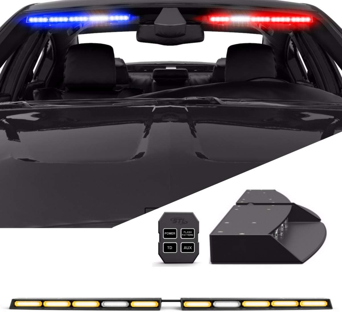 SpeedTech Lights Raptor TIR Upper Windshield Interior Split LED Strobe Visor Light Bar Emergency Lights for Vehicles and Police with Bracket and Control Box - Amber/Amber