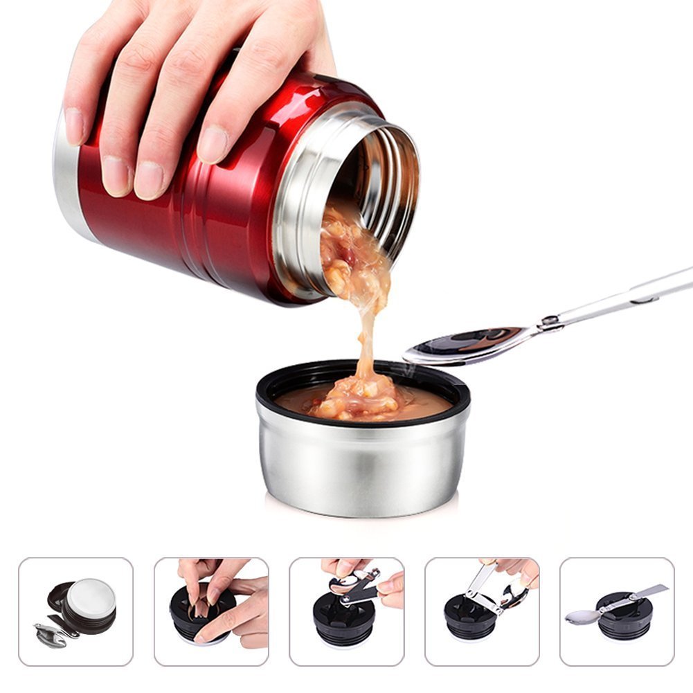 SOMIGA Insulated Stainless Steel Food Jar with Folding Spoon,Bag-Vacuum Double Walled BPA Free,Unbreakable,Leak Proof, Hot and Cold Preservation 17 OZ Storage Container (Red)
