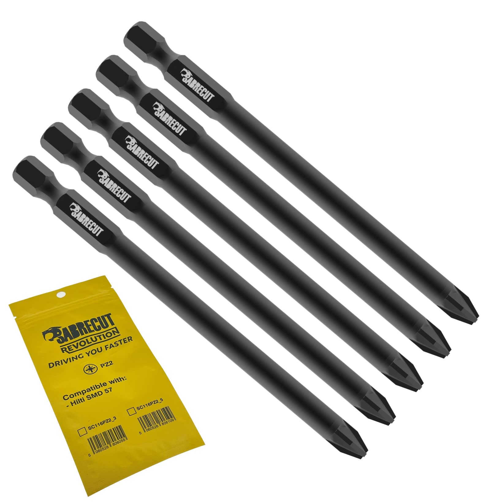 5 x SabreCut SC116PZ2_5 116mm PZ2 Compatible with Hilti SMD 57 SMD57 1/2 Autofeed Collated Drywall Screwdriver Gun Bit Single Ended Pozi Pozidriv No.2 Heavy Duty